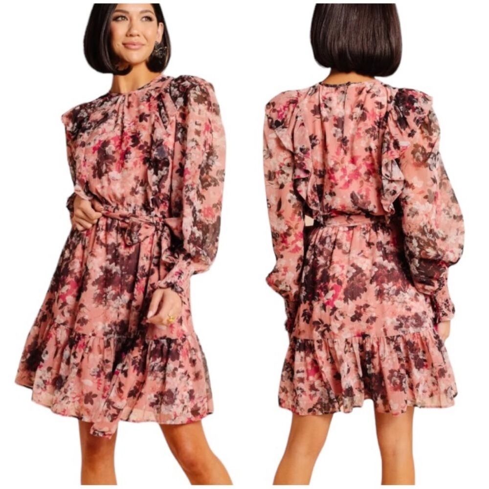 Rachel Parcell NWT Floral Print Ruffle Chiffon
Blouson Dress Size 14 Pink Smock